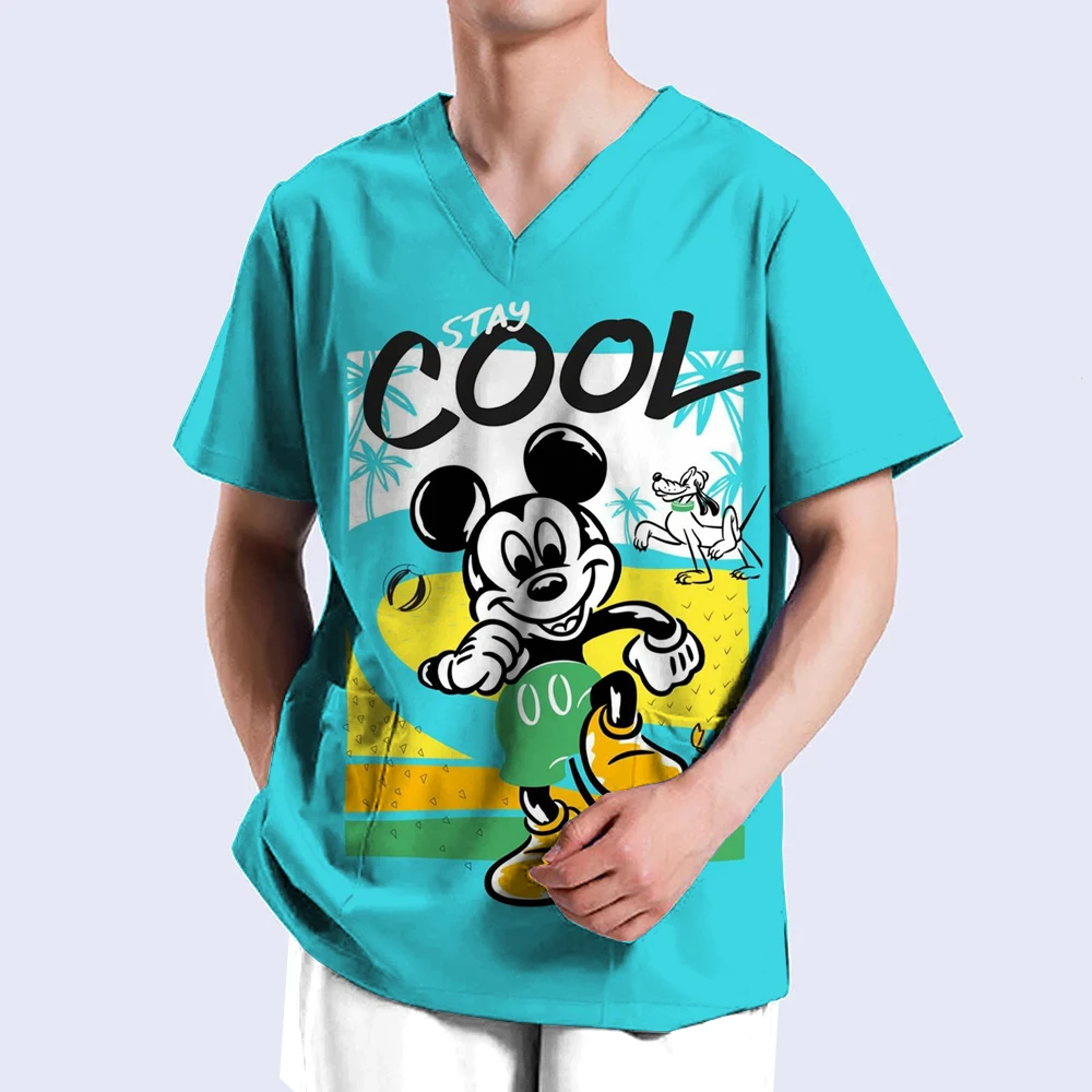 Mickey Mouse T-shirt V-neck Nurse Uniform T-shirt Mickey Mouse Top 2024 Men's Pocket Women's Hospital Summer Top Disney T-shirt