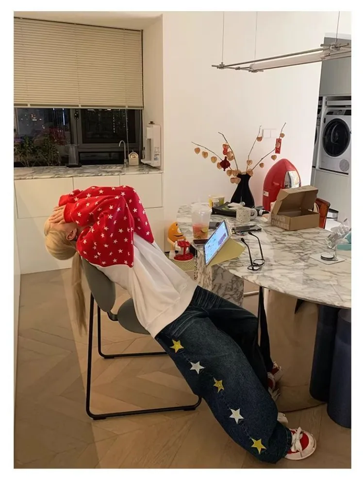 Women's Color-blocking Star Embroidery Jeans Girl Casual Street Bottoms Wide Leg Pants Female High Waist Fashion Trousers