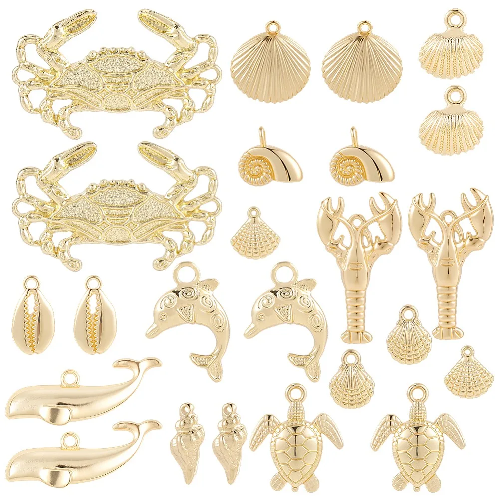 24Pcs 12 Styles Alloy Pendants Ocean Themed Lead Free Nickel Free Cadmium Free Mixed Shapes Real 14K Gold Plated