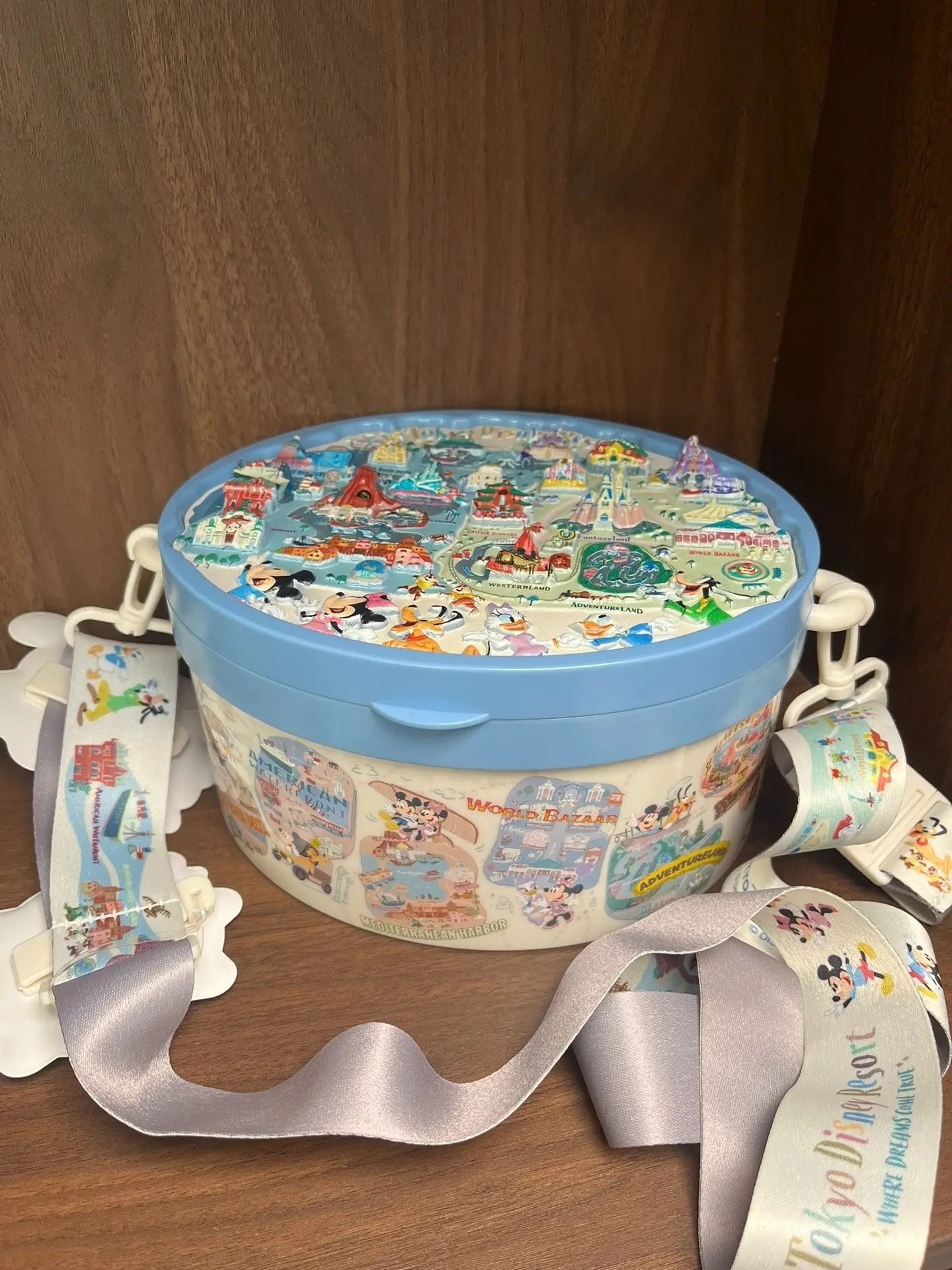 Tokyo Disney Excl Map Plastic popcorn bucket Blue Frame Mickey Design Detachable Strap Collect souvenirs
