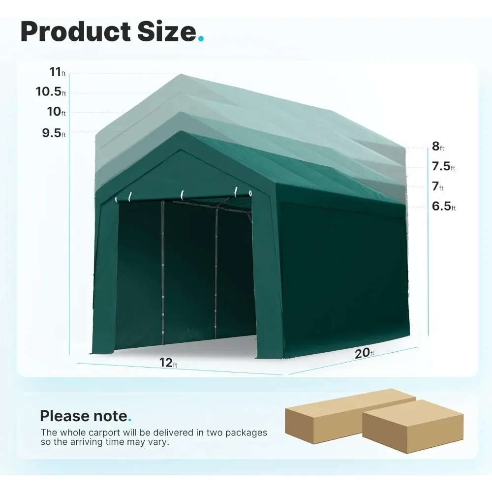 12x20 Ft Carport Garage With Sidewalls And Doors, 8 Reinforced Poles And 4 Sandbags