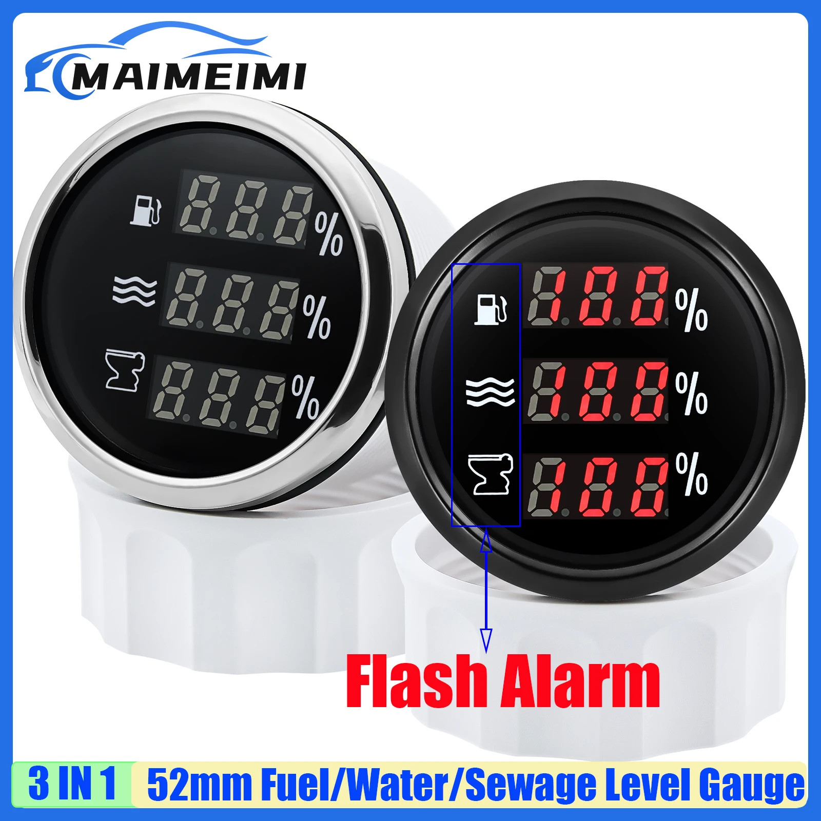 

Red Backlight Digital 52mm Gauge 3IN1 Fuel+Water+Sewage Level Gauge with Alarm 0-190ohm for Gasoline/Diesel Car Boat Yacht 9-32V