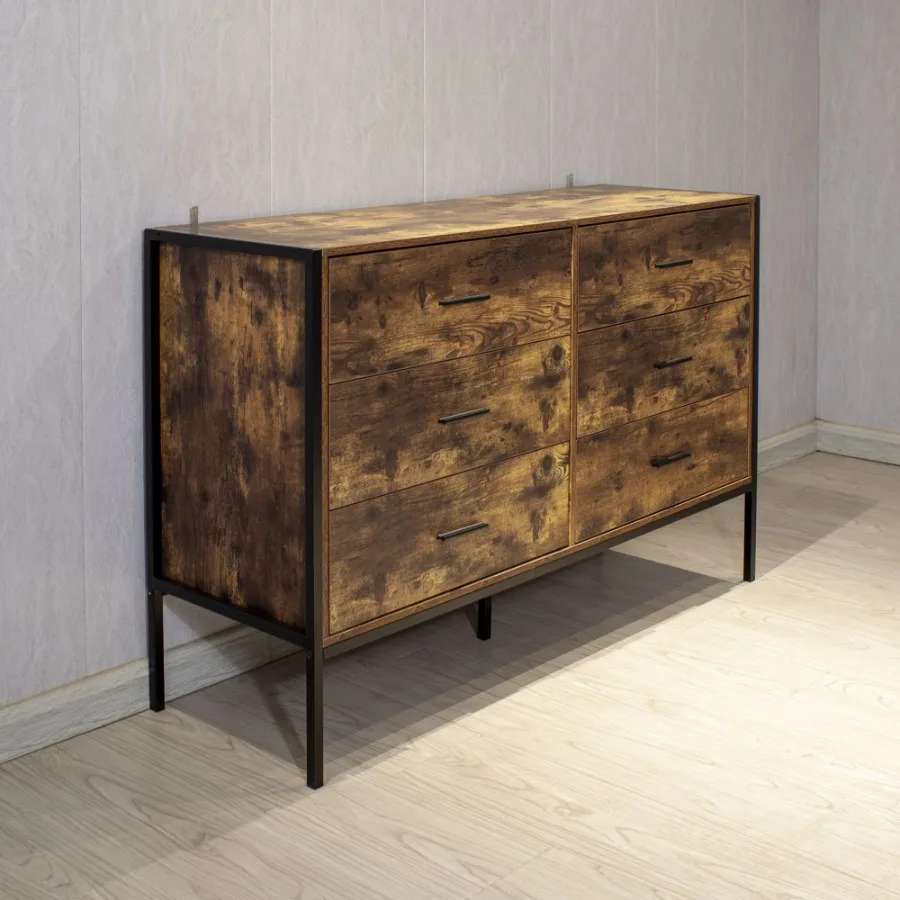 

Industrial Style 6 Drawer Double Dresser; Rustic Brown Wood Storage Dresser Clothes Organizer with Sturdy Steel Frame; Chest wi