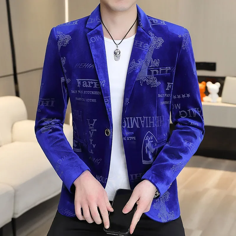 Luxury Gold Velvet Men Blazers Autumn Korean One Button Slim Male Casual Suit Jacket New Arrival Brand Bronzing Blazer Masculino