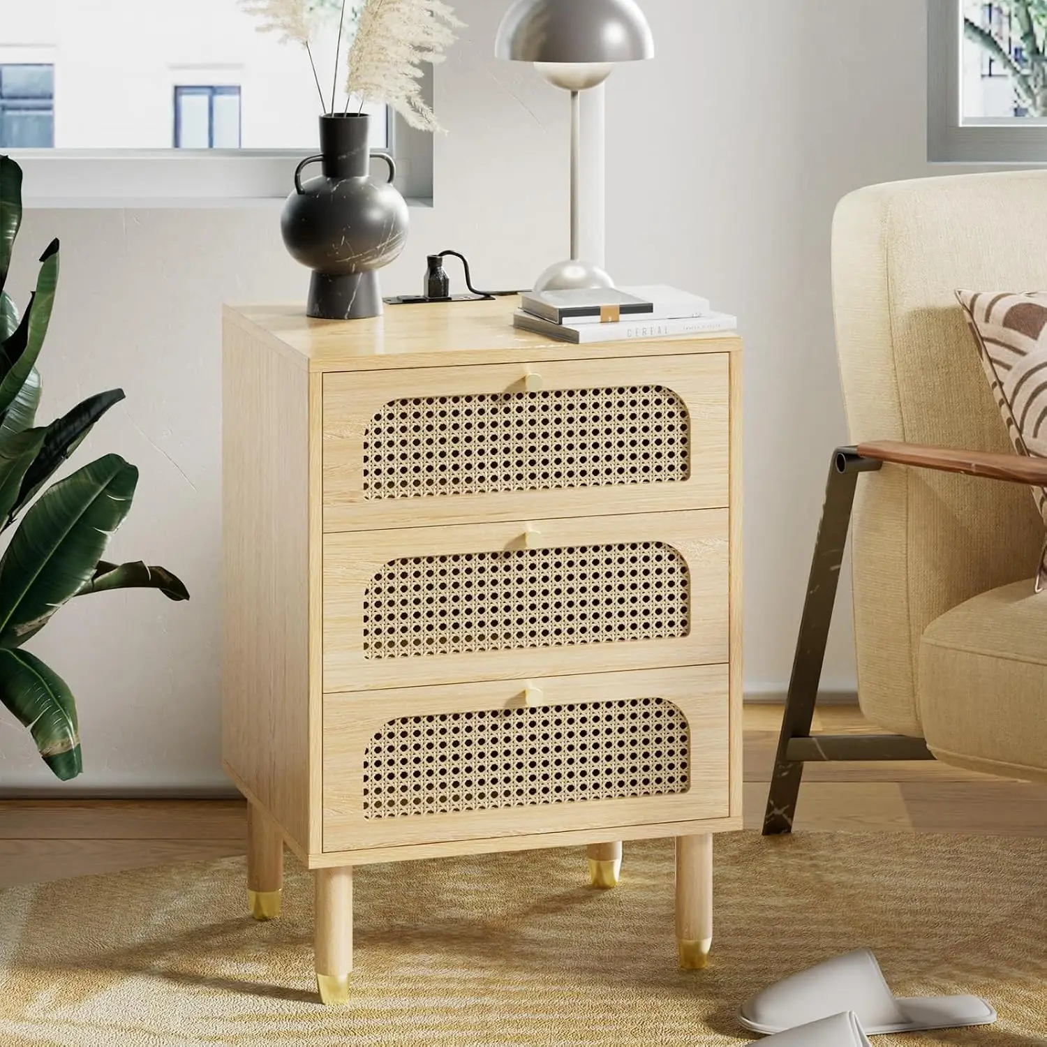 Rattan Nightstands Set of 2 with Charging Station, 3 Drawer Boho End Table, 19