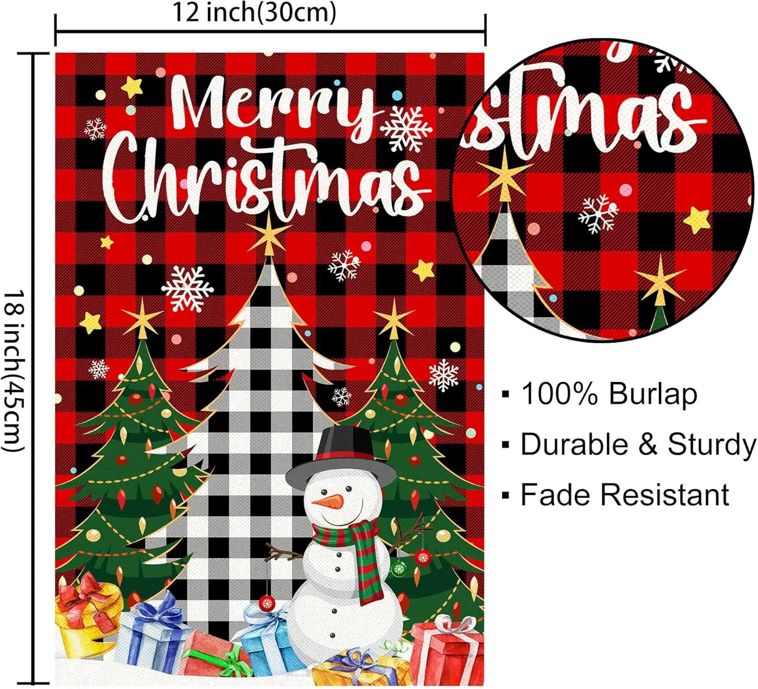 Christmas Garden Flag, Merry Christmas Flags 12x18 Double Sided, Christmas Tree Snowman with Buffalo Plaid Burlap Vertical Small