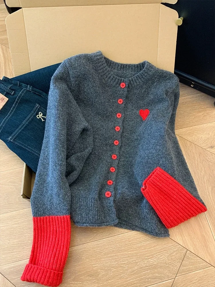 

Deep Grey Round Neck Sweater Women Autumn New Single Breasted Long Sleeve Tops Solid Color Loose Soft Female Pullover Knitshirts