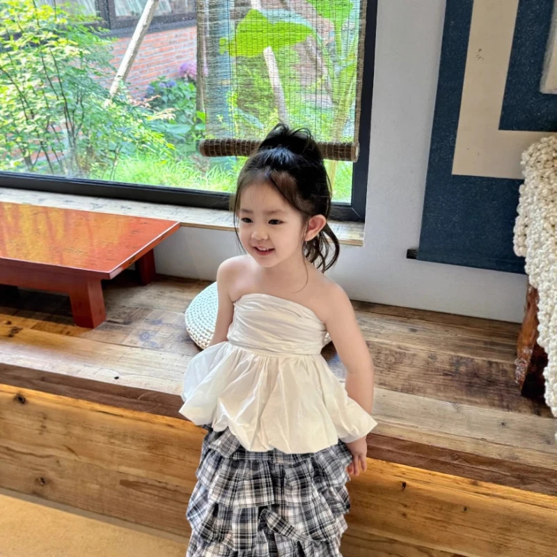 

2026 Summer New Korean Kids Wear, Girls Baddie Off-Shoulder Bandeau Sweet Ruffle Sleeveless Top, Outfit Collection