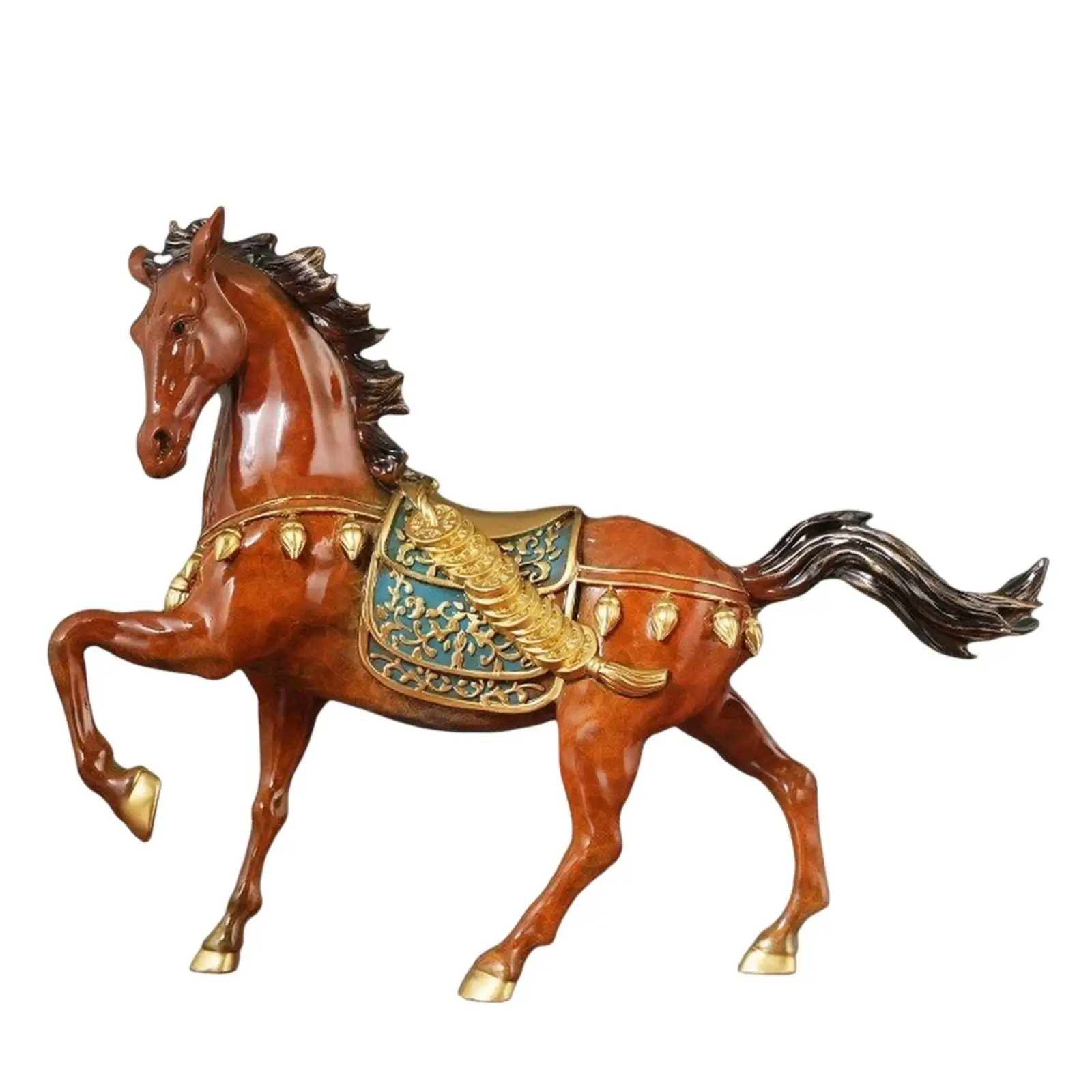 Copper Horse Statue Metal Figurine Dynamic Pose Decor with Embroidered Saddle for Living Room Shelf Art