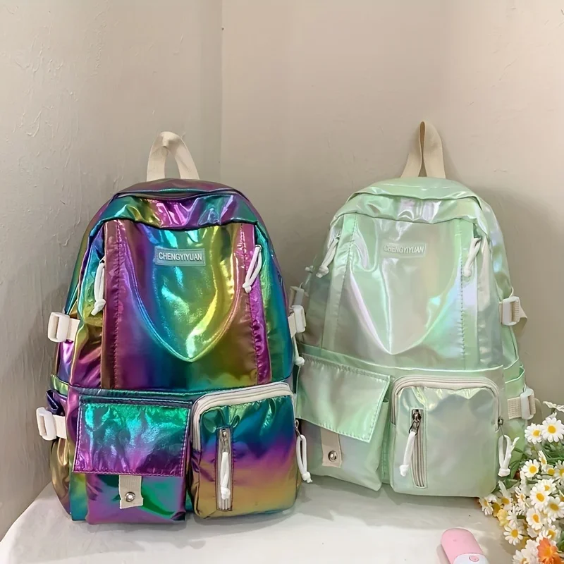 Women Large Capacity Holographic Backpack Versatile Simple College School Bag For Primary Middle Students