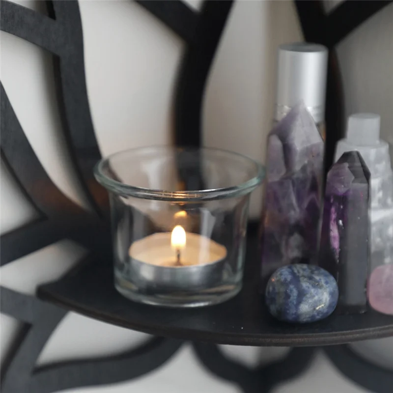 LICE-1개 연꽃 모양 코너 선반 나무 벽걸이 플로팅 선반 블랙 우드 침실 서재 장식용