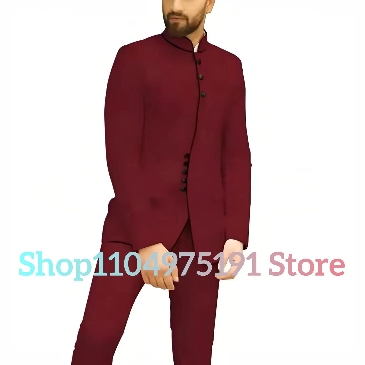 Men's white suit 2-piece jacket pants set black edging stand up collar Arabic African style daily outfit for wedding party