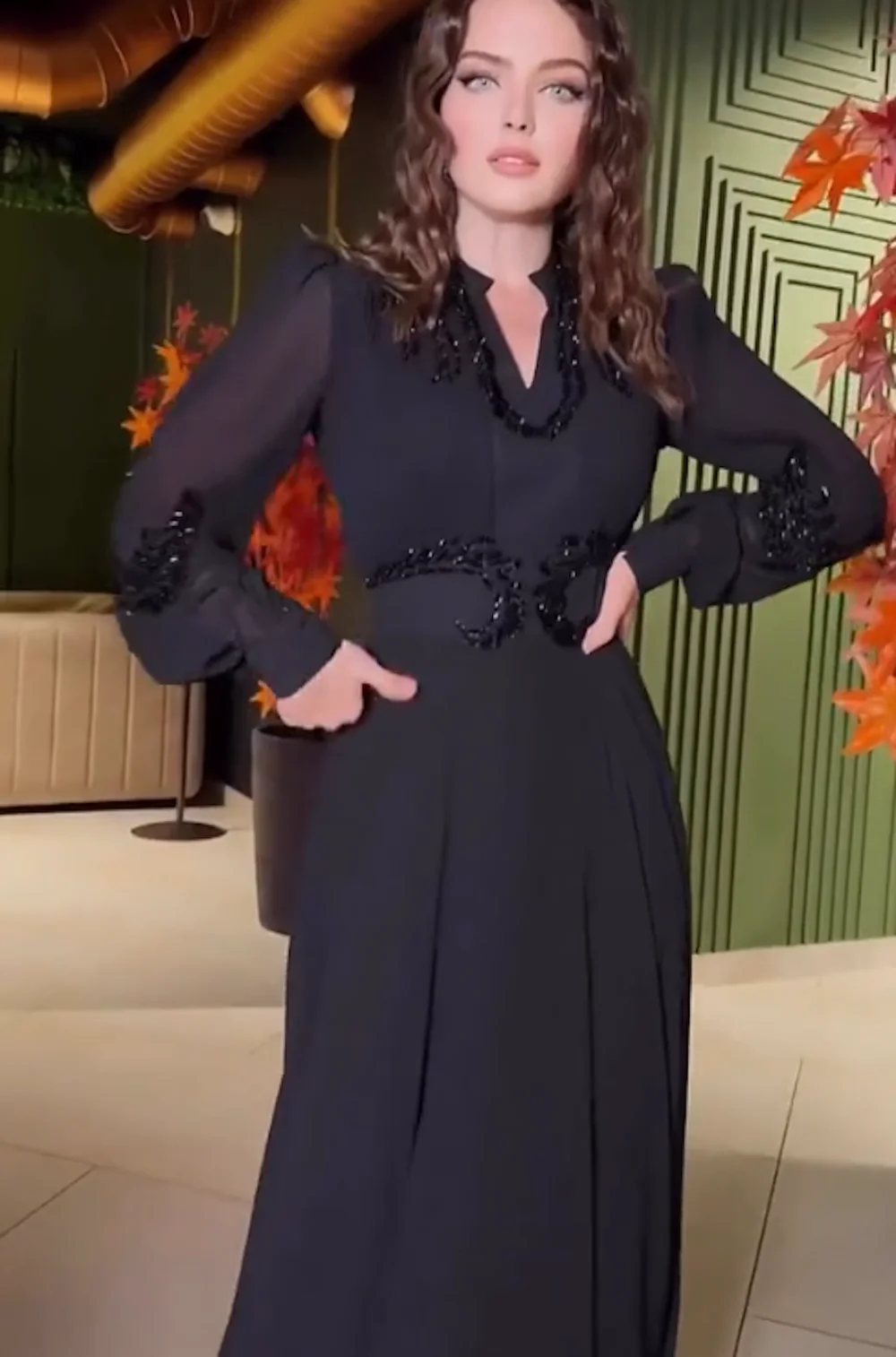 ROSELLA-Vestido feminino com decote em v, mangas compridas, zíper frisado, preto elegante até o chão, vestido de baile, novo, 2023