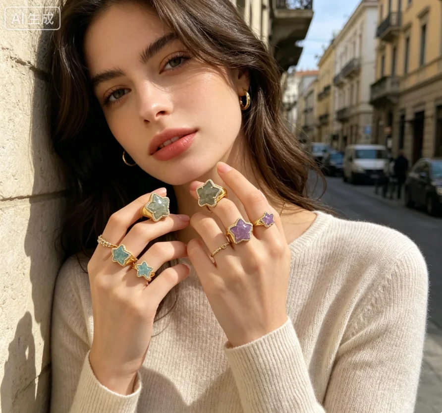 WT-R558 Niche-design Unique Gemstone Star Shape Ring With 18k Gold Plated For Women Birthday Gifts