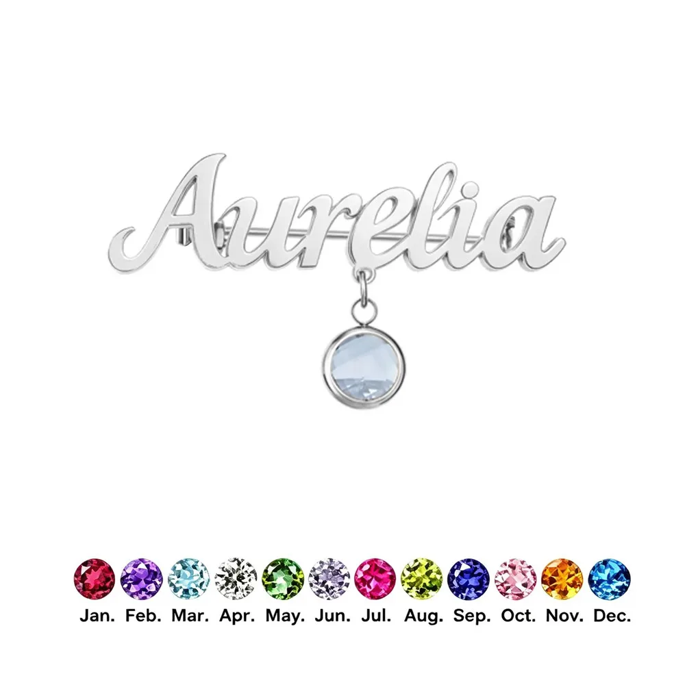 Luxury Personalized Script Name Pin Custom Stainless Steel Birthstone Letter Brooch Wedding Bride Gift
