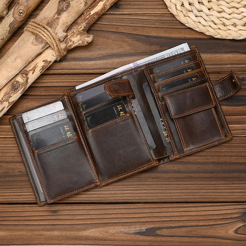 

Retro Men's Short Wallet Large Capacity Oil Wax Leather Genuine Leather Vertical Style Business Coin Purse with Multiple Card...
