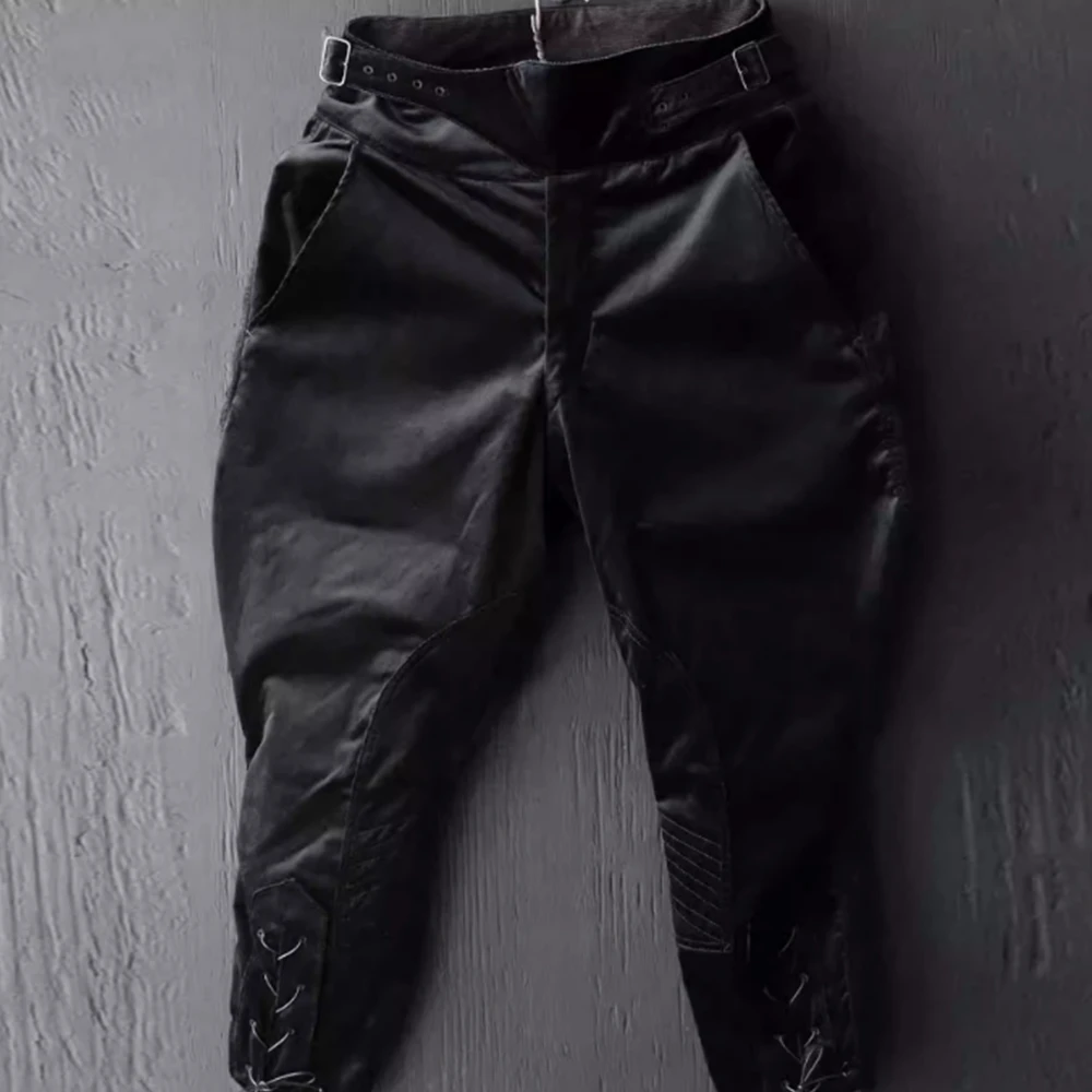 Men Retro Pants Punk Vintage Knight Cosplay Casual American Black Fleece Breeches