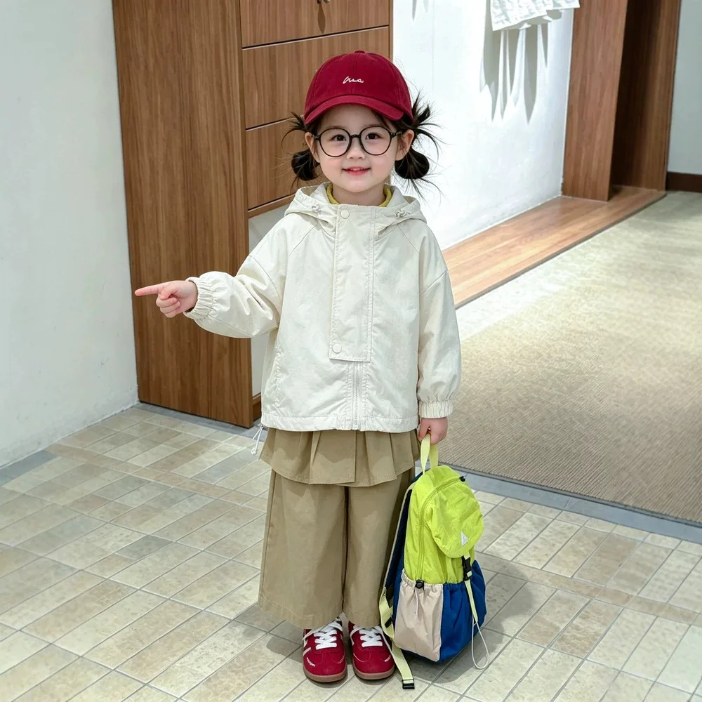 Baby Girl Autumn Hooded Assault Suit Set Fashionable Straight Leg Pants Korean Outdoor Casual Two-piece Set