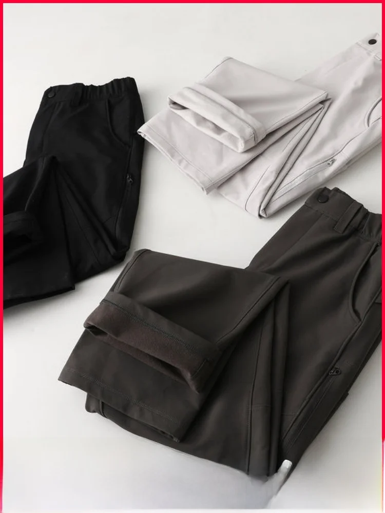 

Water-Resistant Fluffy Lined Outdoor Men's Casual Pants Windproof Comfortable All-Match Winter Polyester Straight Leg Trousers