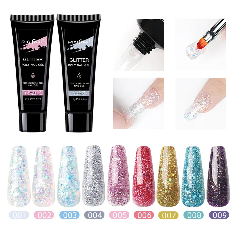 15Ml Glitter Poly Nail Gel Uv Led Builder Poly Acryl Crystal Gel Voor Nail Art Polygels Uitbreiding Gebouw Gel Met Pailletten