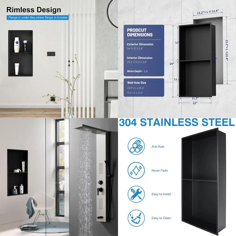 

12 x 24 Matte Black Stainless Steel Double Shelf Shower Niche, No Tiles Required
