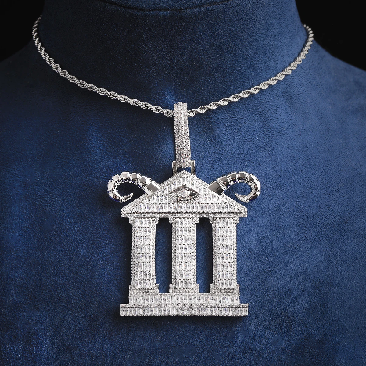 Bubble Letter Iced Out Baguette Cut CZ Stone Greek Pillar Pendant Necklace with Eye of Providence Hip Hop Rapper Jewelry Silve