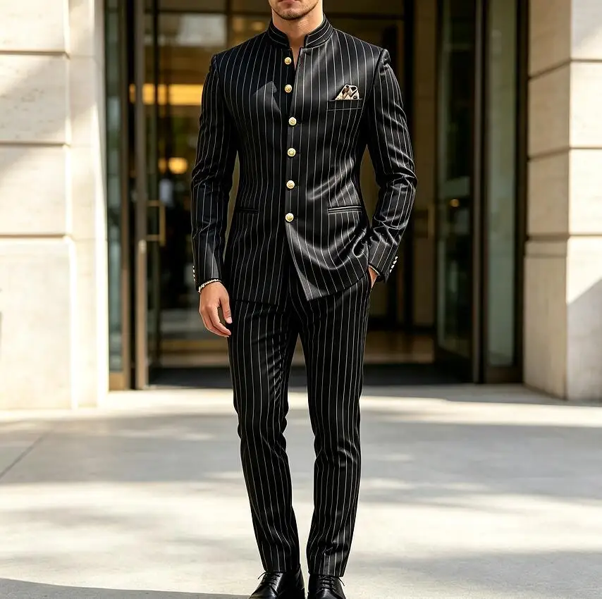 Luxury Striped Formal Men Wedding Suits 2 Pieces Set Stand Collar Gold Buttons Groom Tuxedo Prom Party Business Jacket Pants Set