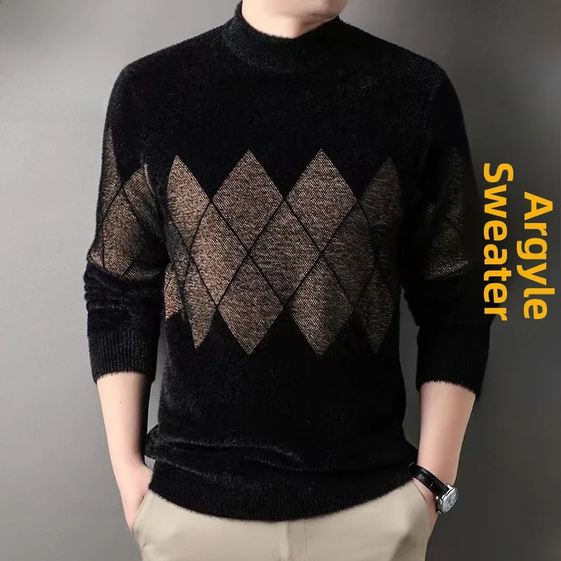

Мужской зимний свитер Thiened Fce на подкладке с высоким воротником, норковый бархатный теплый базовый слой, шерстяной свитер, Urban Sle Lon...