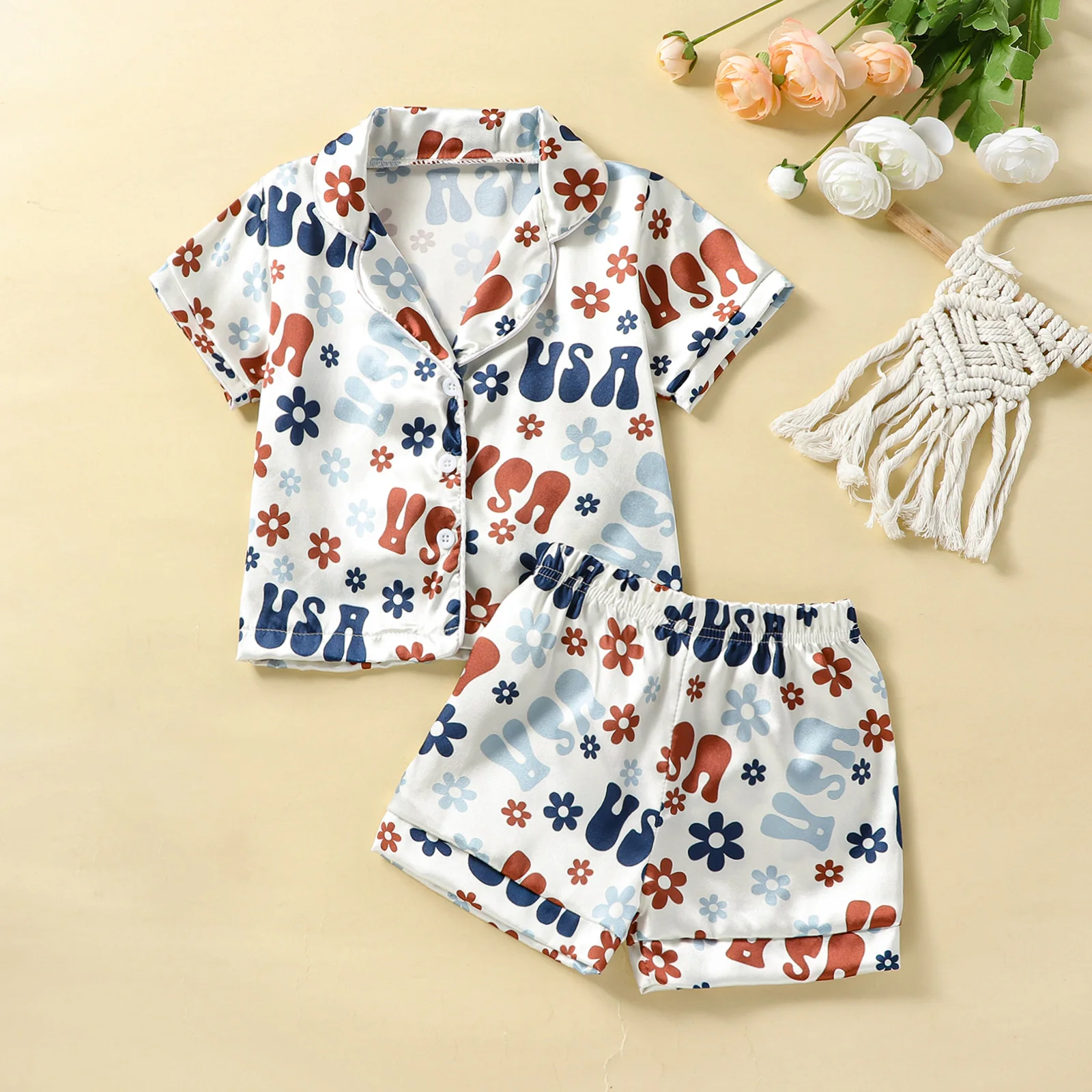 

1-7 Y Kids Boys Sleepwear Loungewear Independence Day Floral Letter Print T-Shirt Shorts Pajama Summer Stain Pyjama Nightwear