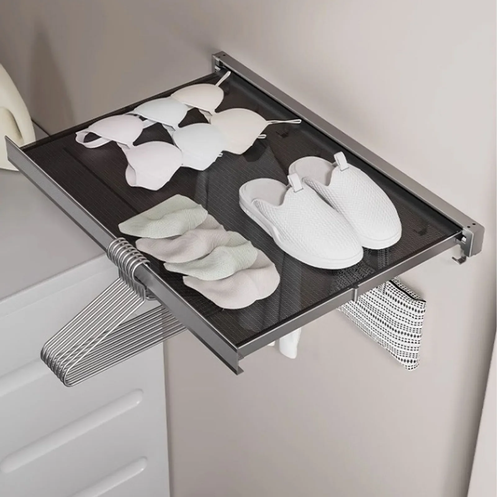 

Balcony Clothes Drying Rack Wall Mounted With Mesh Surface Collapsible Drying Rack Retractable Laundry Rack 60cm