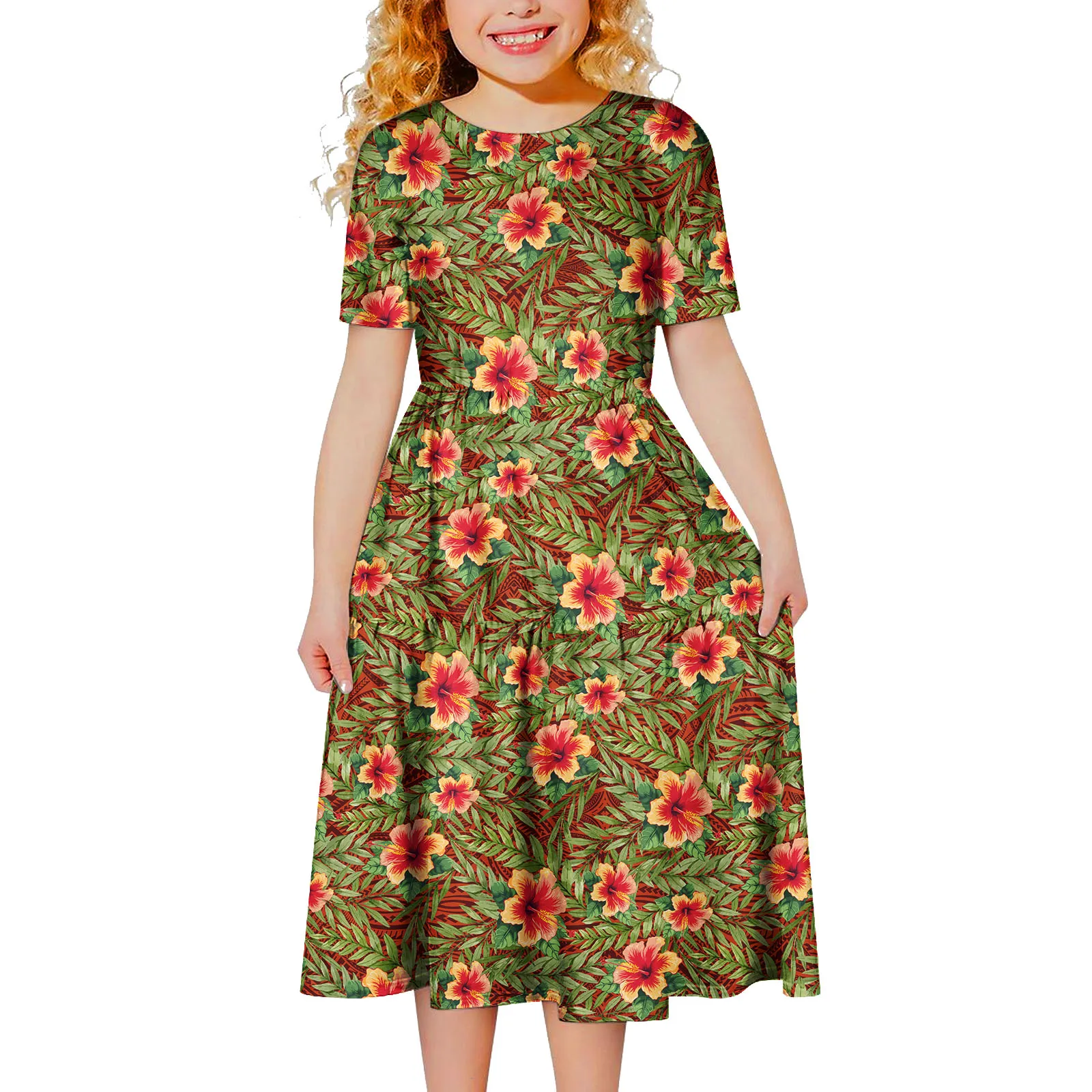Upscale Luxury Custom Polynesian Kids Sweet Short Sleeve Clothing Samoan Girls Cake Dresses Toddler Tiered Maxi Skirts Hawaiian