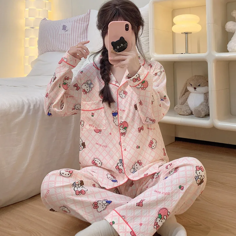 

Hot Sanrio Girl Leisure Time Flip Collar Pajama Set Spring and Autumn Kawaii Hello Kitty Comic Fashion Cardigan Leisure Wear New