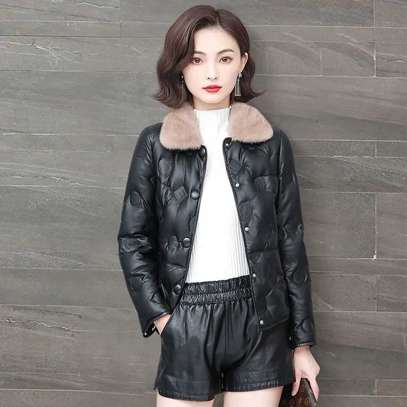 90% White Duck Down Jacket Women Autumn Winter Short Genuine Leather Jackets for Women Mink Fur Collar Down Coats Slim Parkas