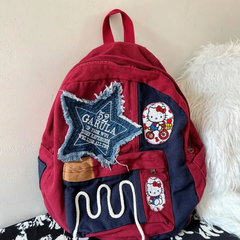 

Hello It's Really Spicy To Make Kitty Backpacks Retro Large Capacity Y2k Spliced Cartoon Bags Campus Student Backpacks