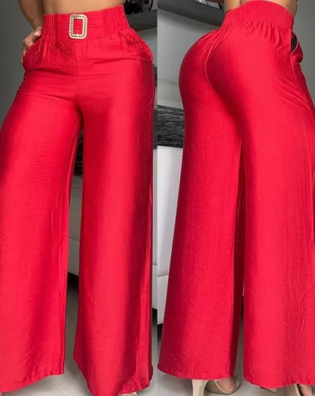 

Women's Trousers 2024 New Solid Color Wide Legs High Waist Loose Slim Metal Decorative Horn Trousers Casual and Elegant