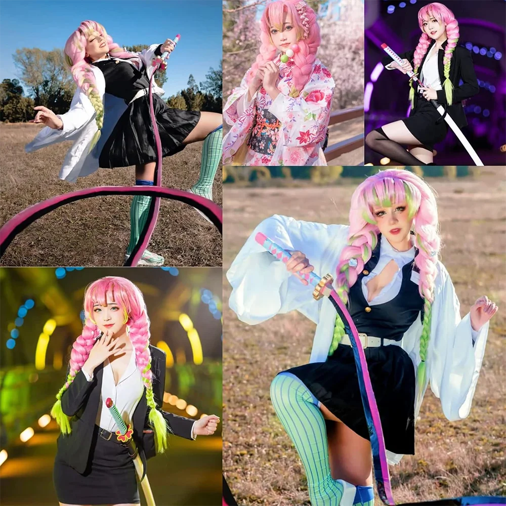 Mitsuri Kanroji ‌   Rambut Sintetis Cosplay 30 Inci Wig Pertunjukan Anime Permainan Pesta Halloween Kepang Tiga Untai Gradien Hijau Kehijauan