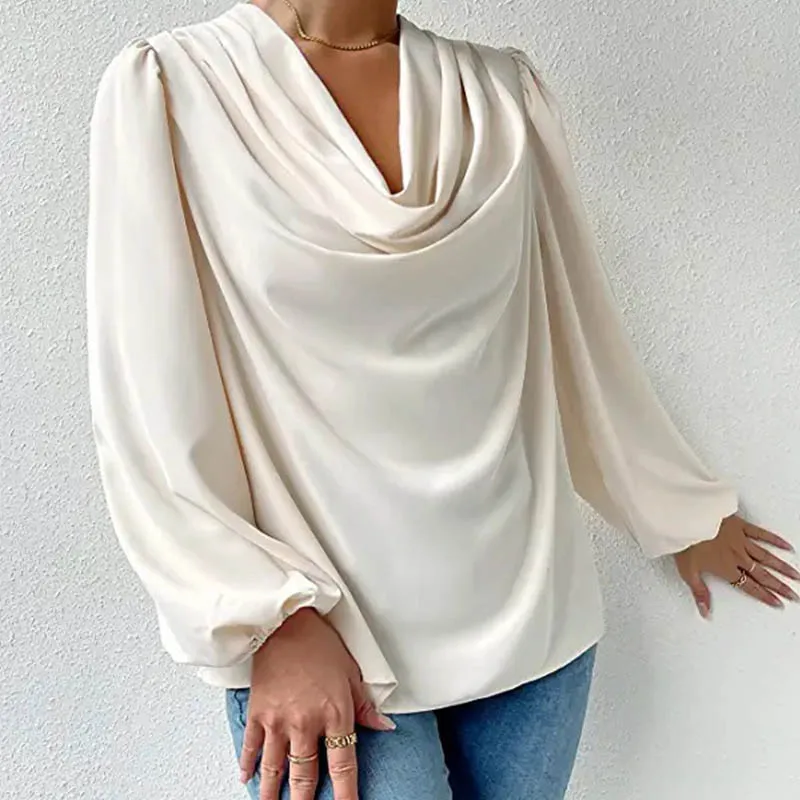 Women's Blouse Solid Color V-Neck Chiffon Long-Sleeved Shirt Loose Draped Top T-Shirt Women's Clothing