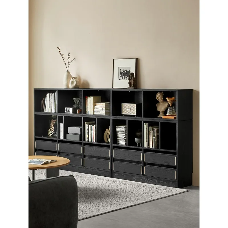 Combination cabinet Solid wood bookcase Module cabinet Floor-to-ceiling living room TV cabinet Black bookshelf locker