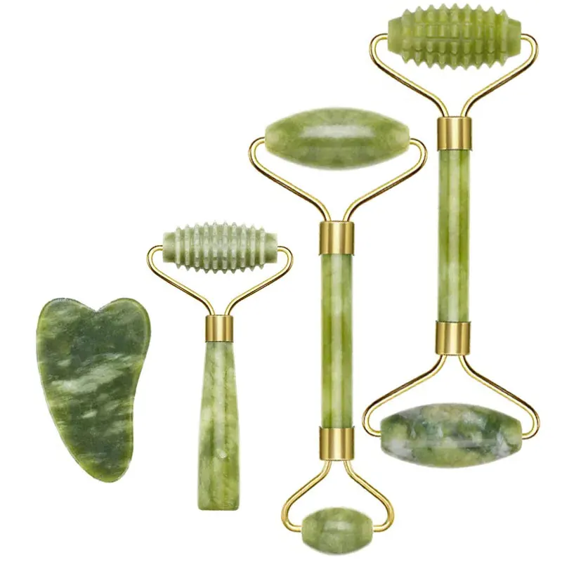 2PC Natural Jade Stone Gua sha Face Lift Roller Gouache Scraper Guasha Massage Tools Facial Body Anti Wrinkle Beauty Massager