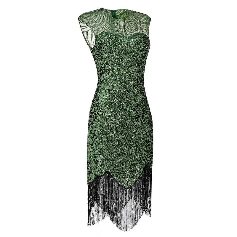 Vibrant Bead Tassel Evening Gown Retro 1920s Style Maxi Dress Stage Performance Pure Color Ball Dress plus Size Women's Fashion