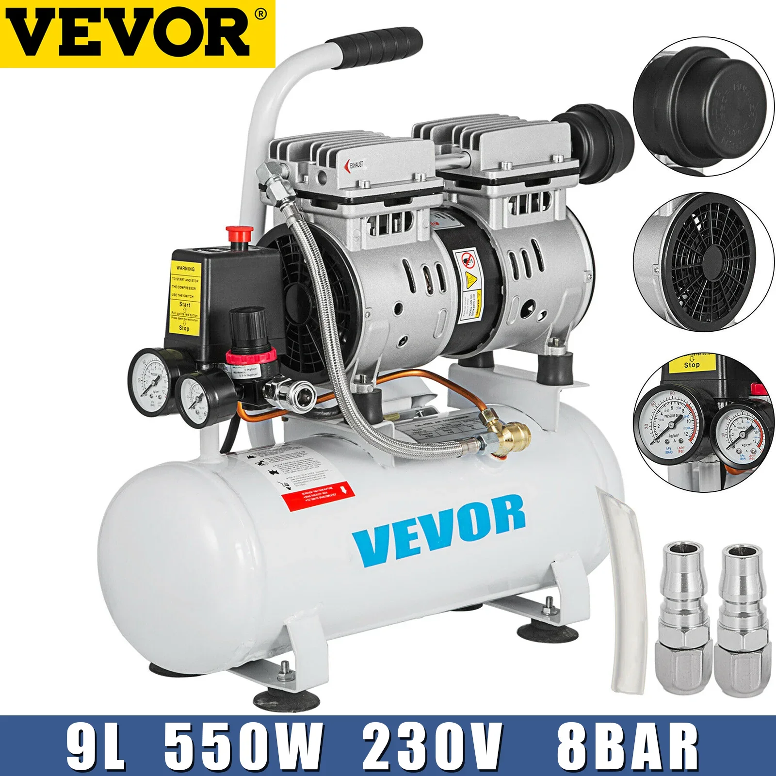 VEVOR 9L Silent Air Compressor with Pure Copper Motor 550W Oil-free Air Pump For Home Repair Tire Inflation Whisper Compressor