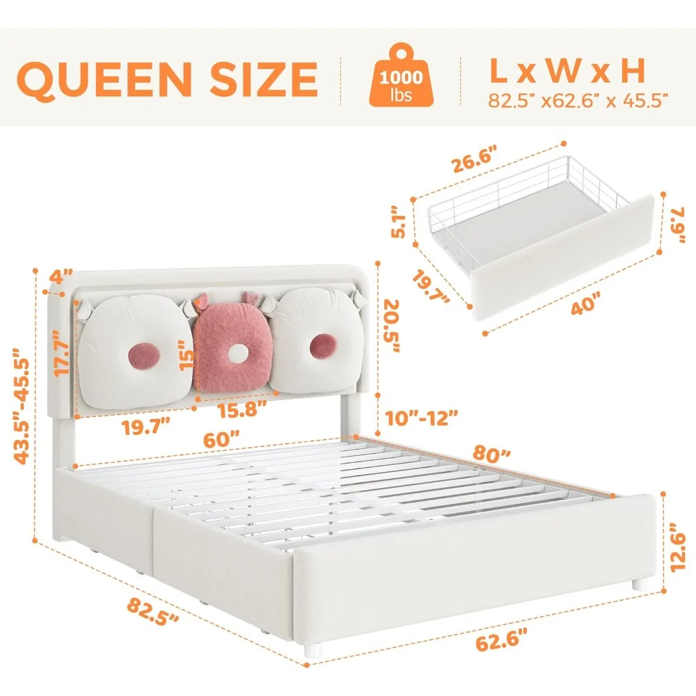 โครงเตียงควีนไซส์พร้อมหัวเตียงแบบมีกระดุม เตียงเก็บของสำหรับเด็กผู้หญิงพร้อมลิ้นชักสองชั้น โครงไม้จริงแบบไม่ต้องใช้สปริง