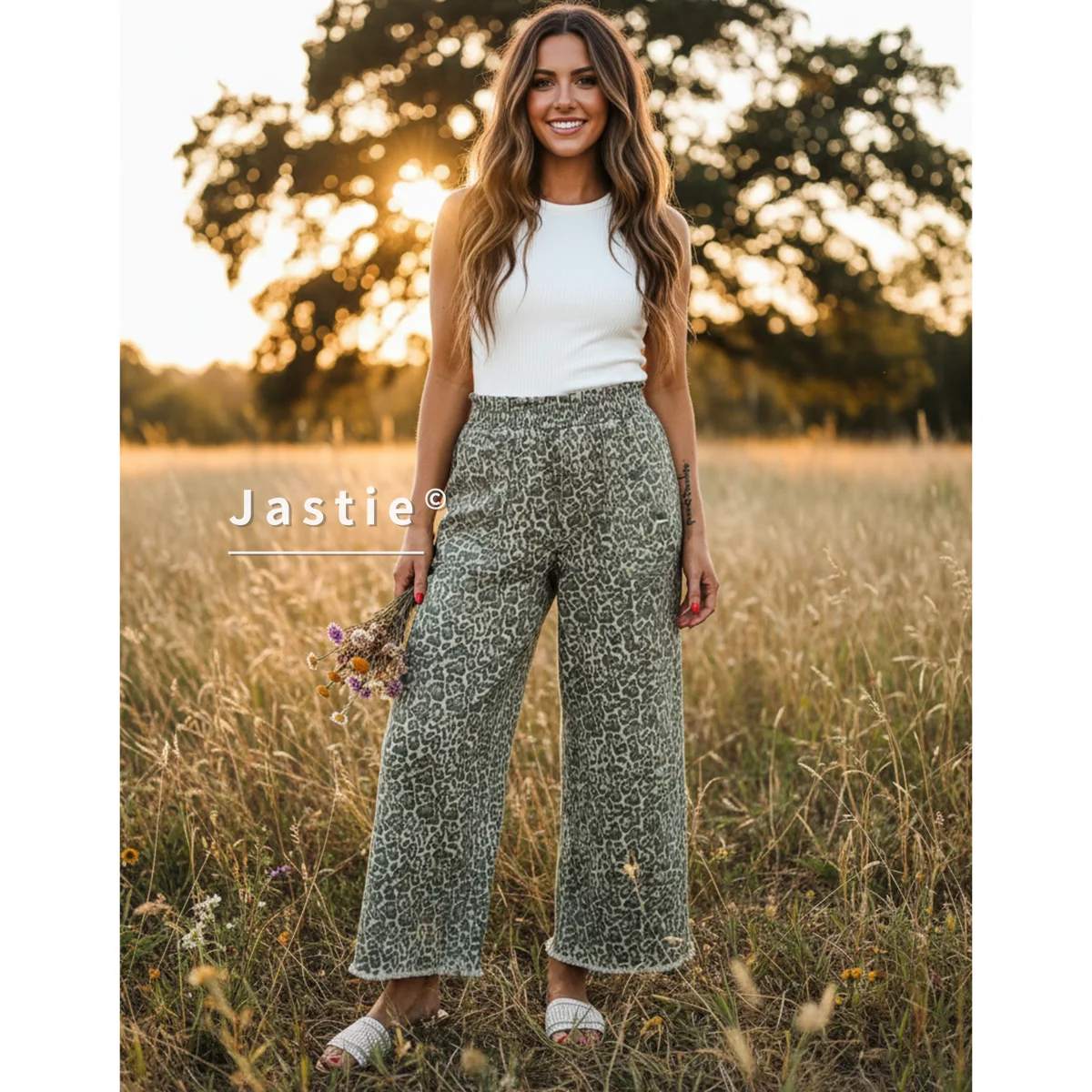 

Women's Leopard Print Wide-Leg Pants High-Waisted Elastic Waist Trousers Frayed Hem Casual Loose Pants Daily/Streetwear Outfits