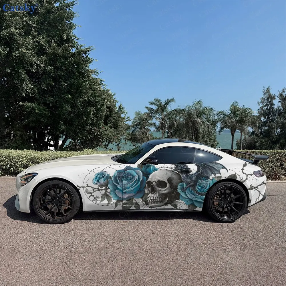 2pcs Skull Blue Roses Winged Car Side Wraps, Self-Adhesive PVC Waterproof & Scratch-Resistant Stickers, Car Accessory Gift