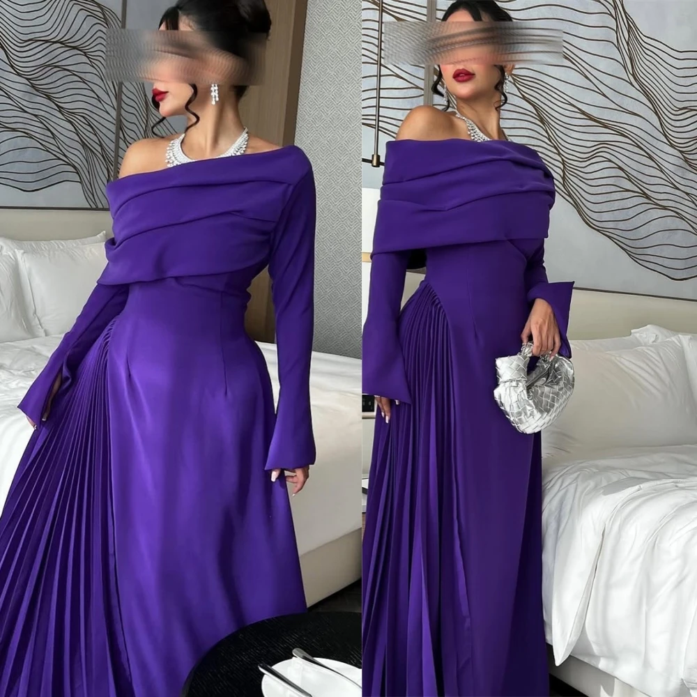 فستان سهرة جيرسي أرجواني بسيط مخصص بكتف واحد وأكمام طويلة مكشكشة للمناسبات الخاصة فستان حفلة موسيقية أنيق