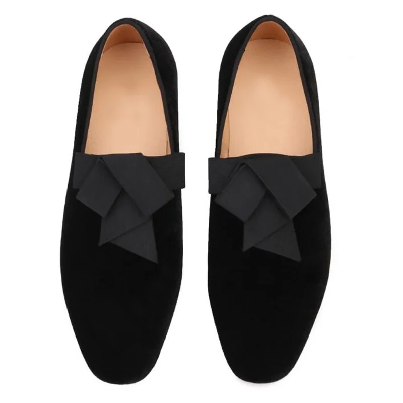 LOUBUTEN Luxury Black Velvet Shoes Men Bowtie Loafers Fashion Party And Banquet Shoes Male Slip On Casual Shoes