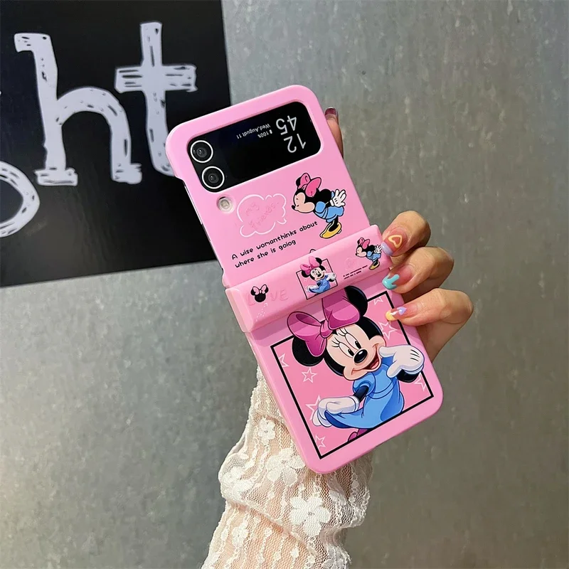 Cute Cartoon Disney Mickey Minnie Mouse Phone Case For Samsung Galaxy Z Flip 6 5 Hard Back Cover For Z Flip 3 4 With Lanyard