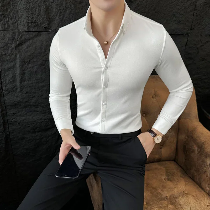 Autumn Winter Velvet Men's Shirts Long Sleeve Solid Color Casual Slim Business Dress Shirt Social Office Streetwear Blouse M-4XL