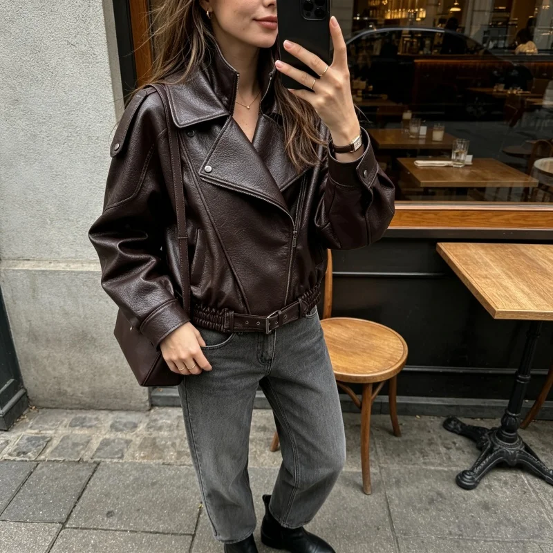 Women's Trendy Faux Leather Jacket Stand-up Collar With Zipper Closure Autumn New Arrival Chic Lady High Street Outerwear