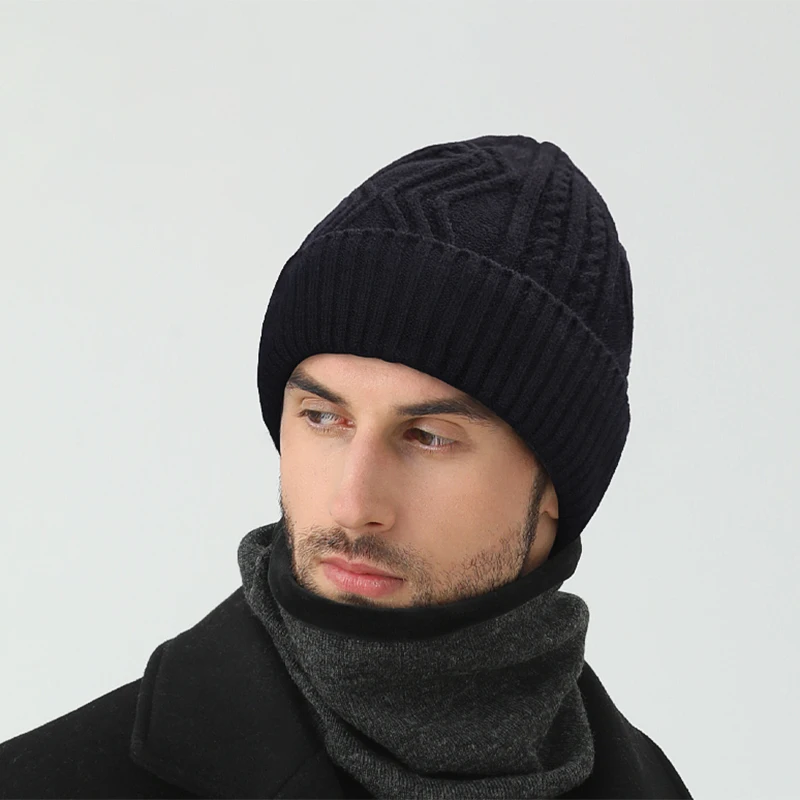 Big Head Men Knitted Hat Large Size Fleece Lined Rib Beanie Warm Thick Winter Cap